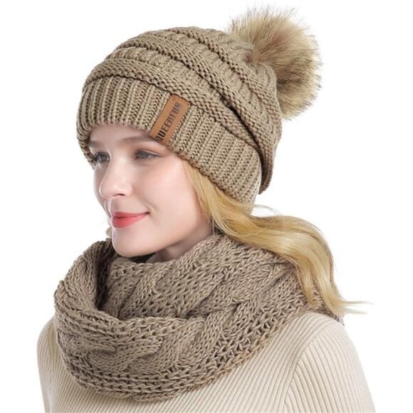 Women's Winter Thick Cable Knit Ribbed Infinity Circle Loop Scarf Set Khaki